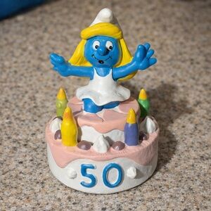 RARE SMURFS 20704 Surprise Party Smurfette 50th Birthday Cake Smurf PVC Figure